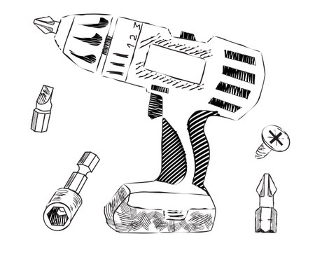 cordless screwdriver with interchangeable bits, sketchのイラスト素材