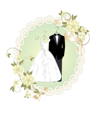 Wedding invitation with bride and groom dress and a lace frame decorated with flowers. Vector illustrationのイラスト素材