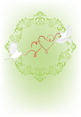 Two birds fly and carry in its beak decorative heart. Illustration for wedding invitation or valentineのイラスト素材