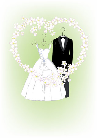 Wedding invitation with bride and groom clothes and flower frame in heart shape. Vector illustrationのイラスト素材