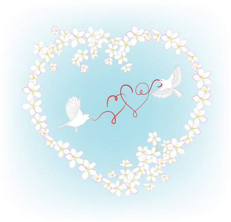 Two birds fly and carry in its beak decorative heart. Illustration for wedding invitation or valentineのイラスト素材