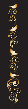 gold vignette with abstract floral ornament and birds on a black backgroundのイラスト素材