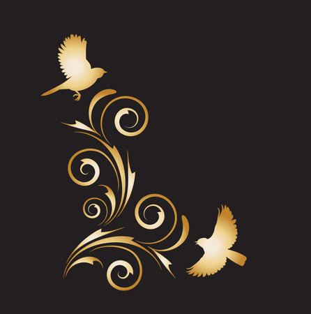 gold vignette with abstract floral ornament and birds on a black backgroundのイラスト素材