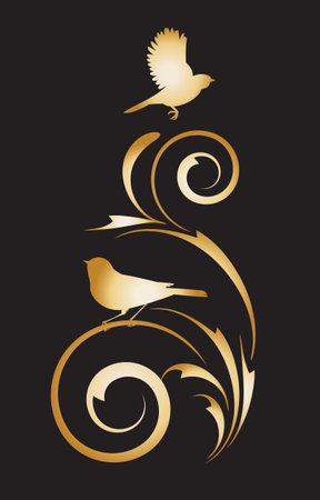 gold vignette with abstract floral ornament and birds on a black backgroundのイラスト素材