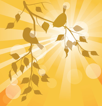 birds sitting on a tree branch among the leavesのイラスト素材