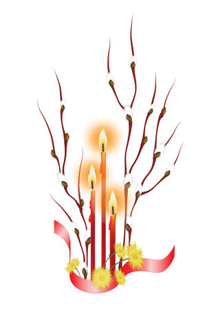 Easter illustration with branches of willow, Easter candles and primrosesのイラスト素材