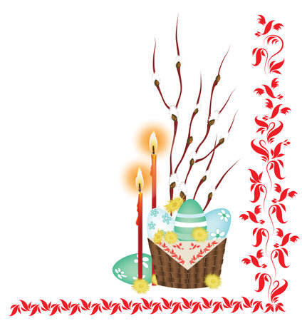 Easter illustration with willow branches, candles and Easter eggs in a basketのイラスト素材