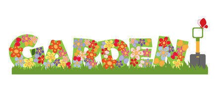 Garden banner with the text, flowers, butterflies and a shovelのイラスト素材