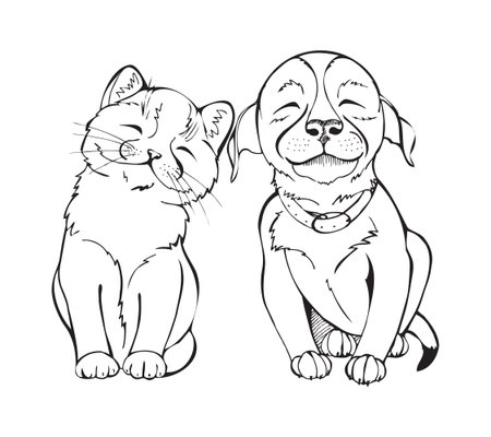 kitten and puppy, black and white stylized illustrationのイラスト素材