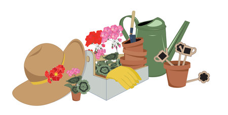 garden tools and flowers in pots, vector illustrationのイラスト素材