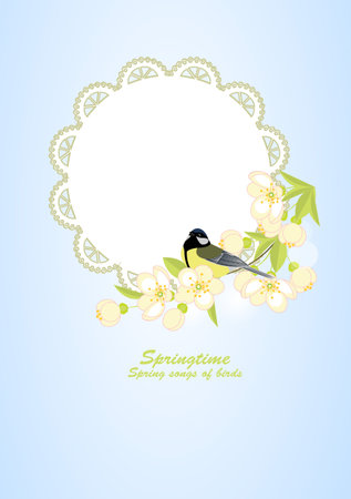 Frame with bird on flowering branches, vector illustrationのイラスト素材