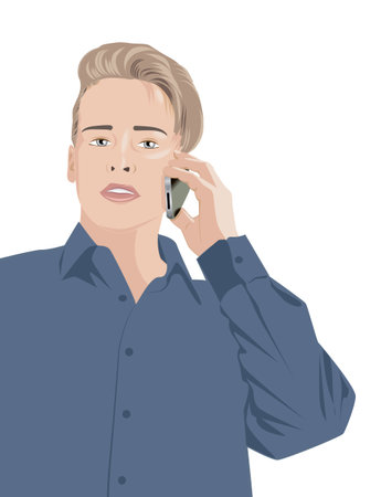 handsome young man in a blue shirt talking on the phone, illustrationのイラスト素材