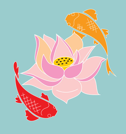 Japanese koi and lotus flower, vector illustrationのイラスト素材