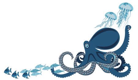 octopus among fish and jellyfishのイラスト素材