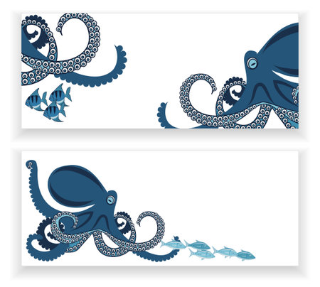 octopus and fish, two banners, underwater inhabitants, template illustrationのイラスト素材