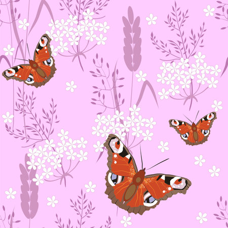Butterflies and meadow grass, seamless vector backgroundのイラスト素材