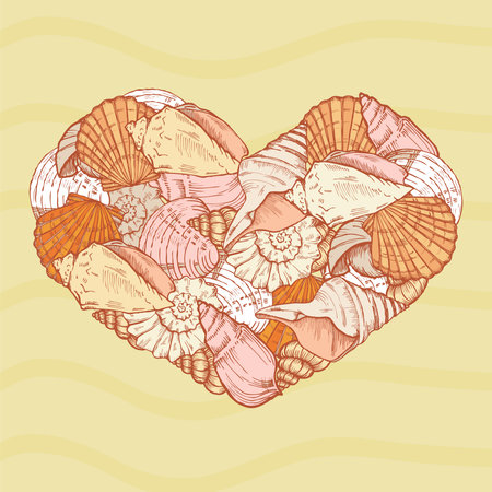seashells lie in the shape of a heart in the sand, vector illustrationのイラスト素材