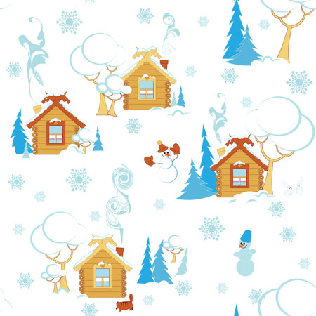 winter day in the countryside, seamless vector patternのイラスト素材