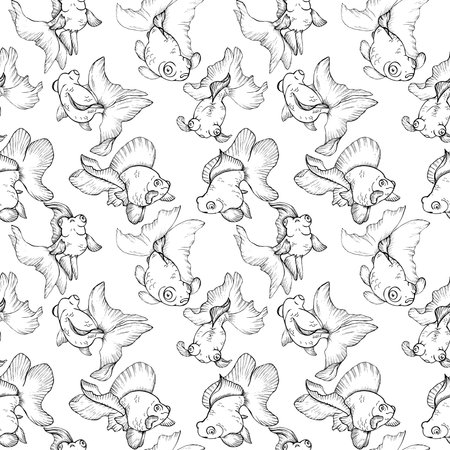 underwater life, goldfish, seamless pattern, black and white vector illustrationのイラスト素材