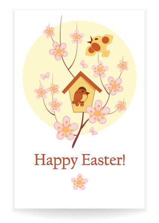 Easter background with birdhouse birds and flowering branches, a template for an invitation, greeting card, vector illustrationのイラスト素材