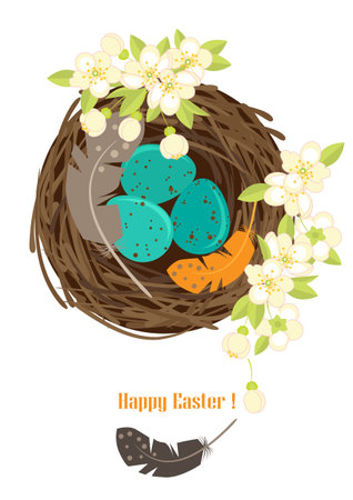 Easter vector illustration. Bird's nest with eggs and flowering branches.のイラスト素材