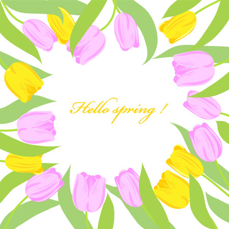 Background with spring flowers, pink and yellow tulips, template for advertising, cards, invitation, vector illustrationのイラスト素材