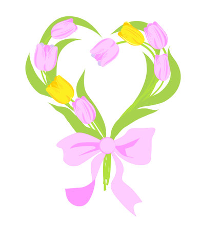 Bouquet of spring flowers in the shape of heart, pink and yellow tulips, vector illustrationのイラスト素材