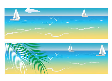 Banners with sea and palm trees, summer vacation, vector illustration.のイラスト素材