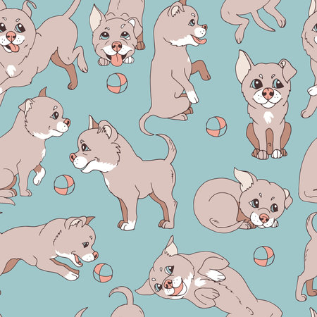A cute little doggy ball playing, seamless vector illustrationのイラスト素材