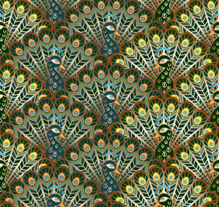 Peacocks, stylized birds with luxurious tails, seamless patternのイラスト素材
