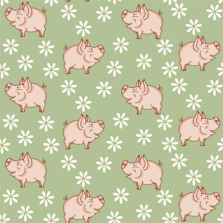 Pig in the meadow, seamless vector patternのイラスト素材