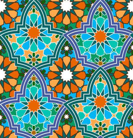 seamless bright multi-colored geometric pattern based on Moroccan patterns, vector illustration