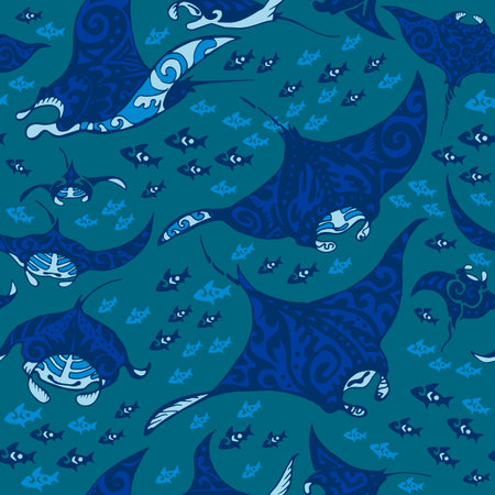 Manta ray and fish in the sea depth, seamless vector pattern