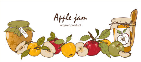 Apple jam in a jar and apples, home harvesting of apples, vector illustrationのイラスト素材