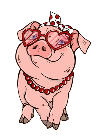 Piggy girl fashionista, pig in sunglasses and beads, vector illustration on white background, pig symbol 2019のイラスト素材
