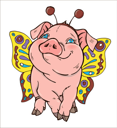 Pig in fancy dress, pig dressed up as a butterfly and wore wings, vector illustration on white background, pig symbol 2019のイラスト素材