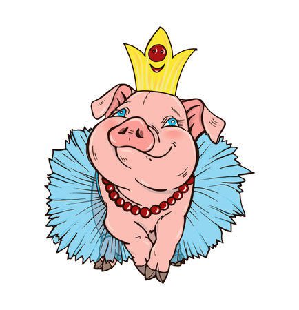The pig Princess , the pig in a blue dress and a crown, vector illustration on white background, pig is the symbol of 2019のイラスト素材