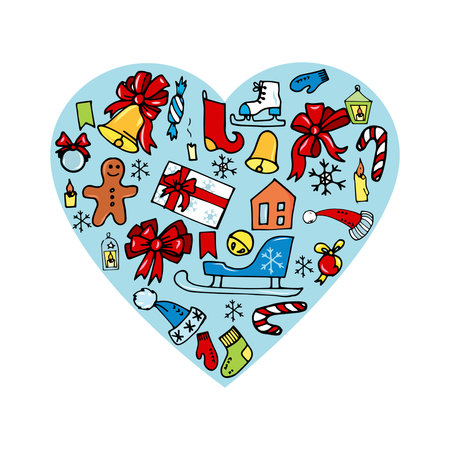 Christmas card, invitation, advertising, poster with Christmas toys, sledges, gifts on the background of the heartのイラスト素材