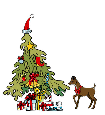 Christmas tree with gifts and young deer, Christmas vector illustrationのイラスト素材