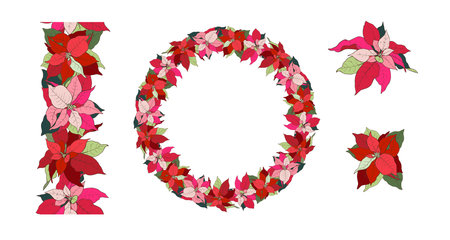 Poinsettia Christmas star, wreath, seamless brush and individual elements on white background, vector illustrationのイラスト素材