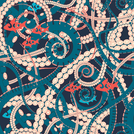 twisting tentacles of an octopus, marine life, octopus and fish seamless vector patternのイラスト素材