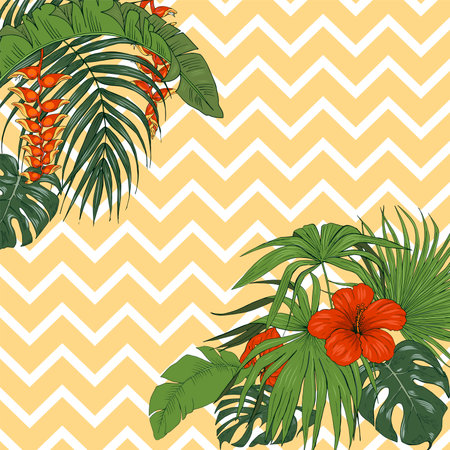 Tropical plants and flowers, template for cards, invitations, posters, booklet, vector illustration