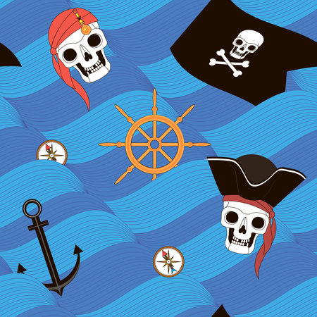 Pirates, sea waves and pirate attributes, vector seamless backgroundのイラスト素材