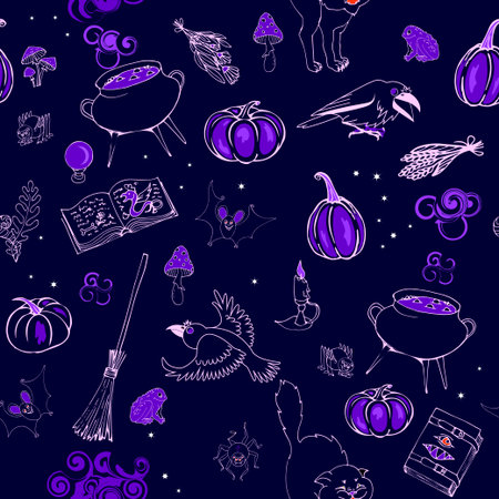 Halloween, cauldron with magic potion, ingredients and tools, pumpkins, cat, crows, seamless vector illustrationのイラスト素材