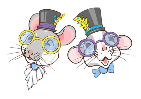 Rats, symbol of the year 2020 according to the Chinese calendar, portraits of rats in top hats and glasses, vector illustrationのイラスト素材