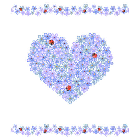 forget-me-not flowers and ladybugs in heart shape on white background, vector illustrationのイラスト素材