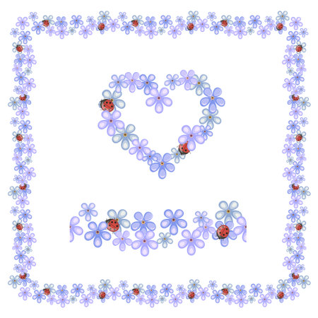 forget-me-not flowers and ladybugs in heart shape on white background, vector illustrationのイラスト素材