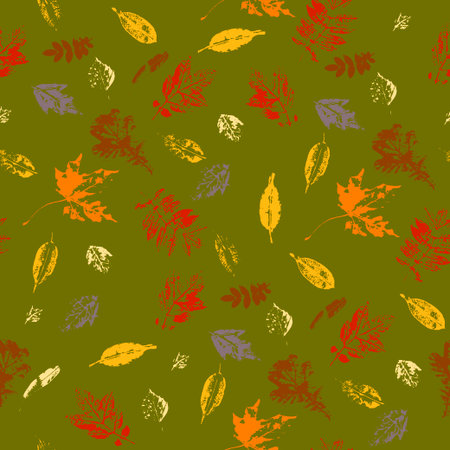prints of autumn tree leaves on a green background, seamless vector illustrationのイラスト素材