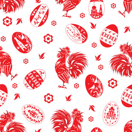 Easter pattern with roosters and painted eggs, seamless vector illustrationのイラスト素材