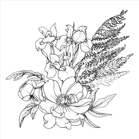 Bouquet of peonies, iris flowers with a fern leaf, composition of garden flowers, black and white vector illustrationのイラスト素材